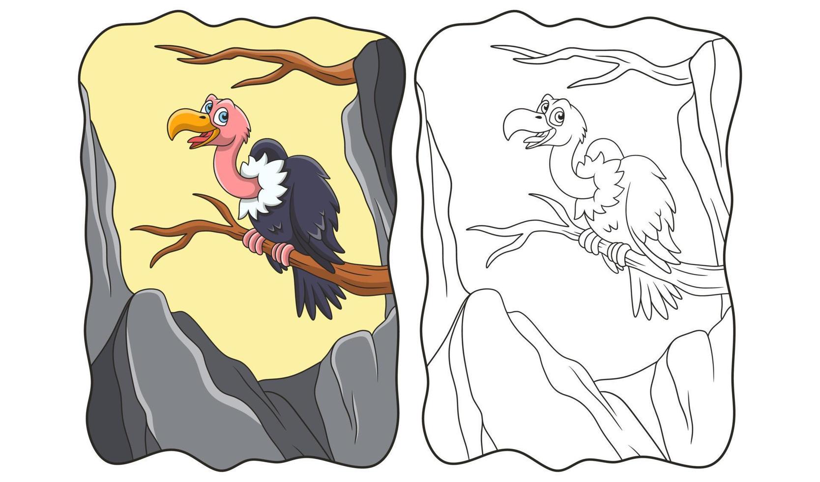 ilustração dos desenhos animados um avestruz empoleirado em um tronco de árvore perto de um livro ou página de penhasco de pedra para crianças vetor