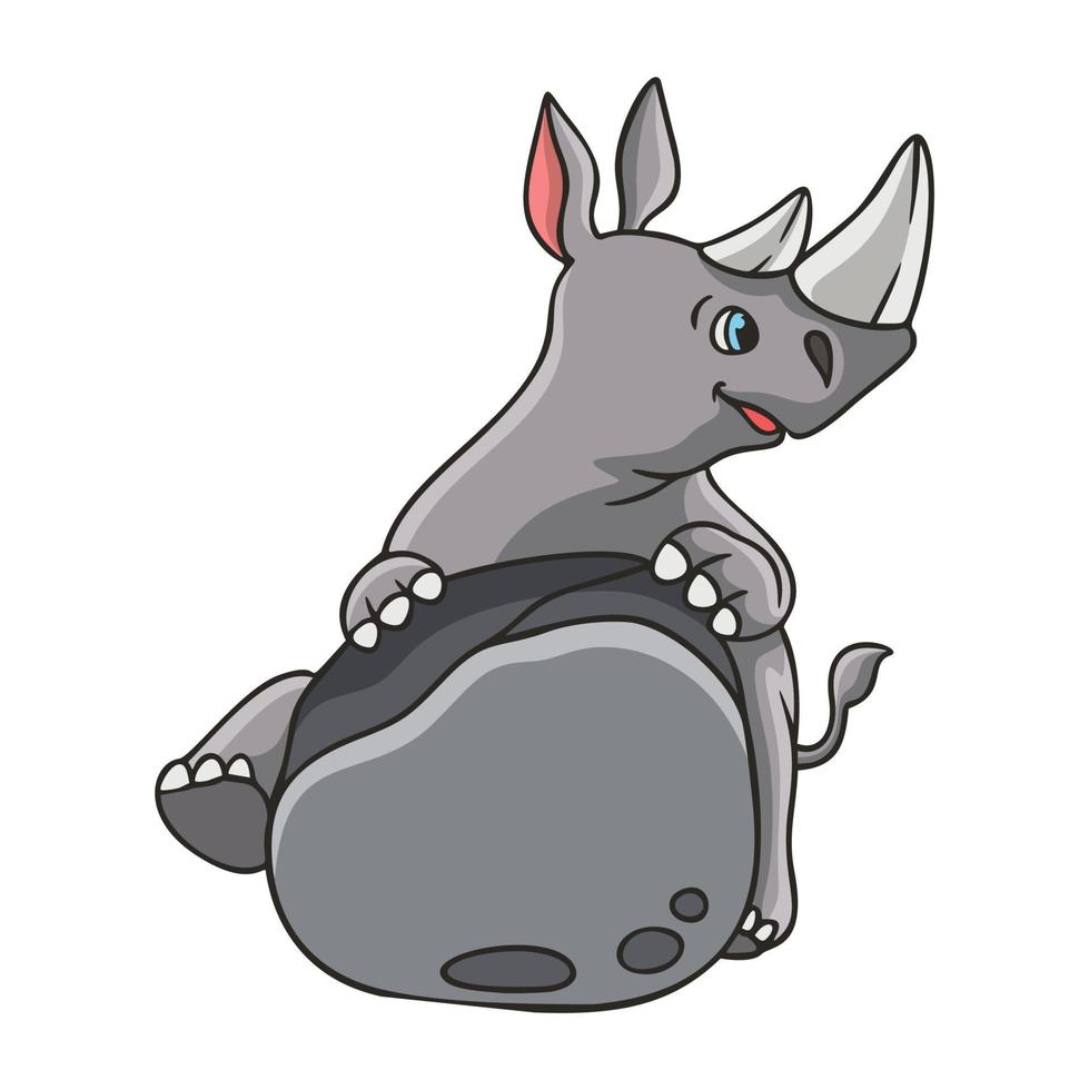 rinoceronte de ilustração dos desenhos animados segurando uma pedra vetor