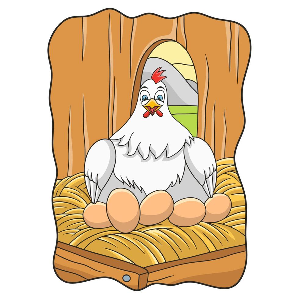 ilustração dos desenhos animados uma galinha está incubando seus ovos em sua gaiola vetor