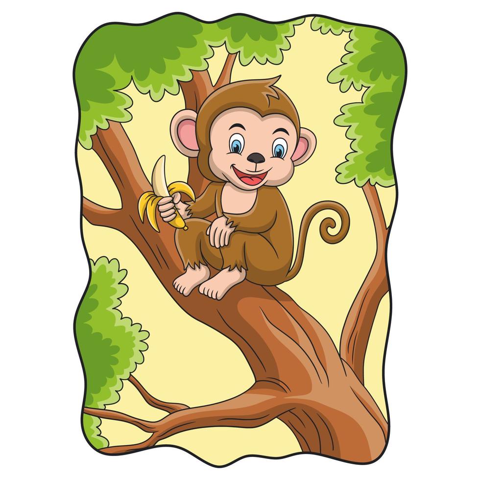 macaco de ilustração dos desenhos animados comendo banana na árvore vetor