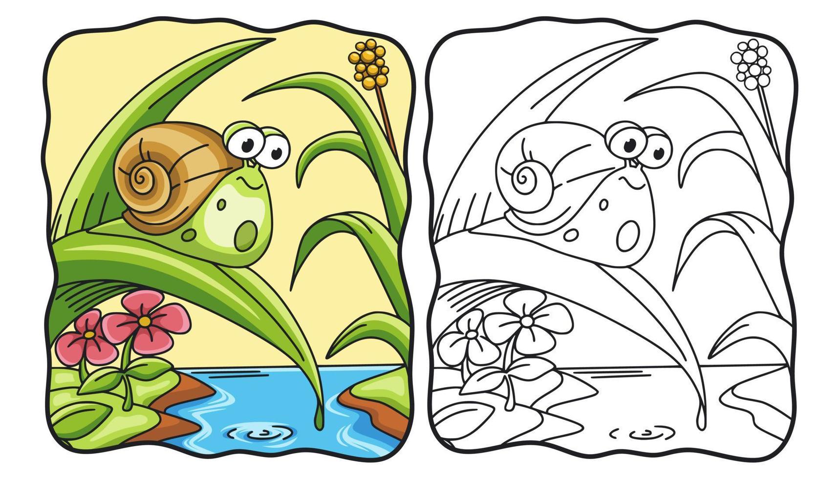 caracol de ilustração dos desenhos animados andando nas folhas da árvore livro de colorir ou página para crianças preto e branco vetor