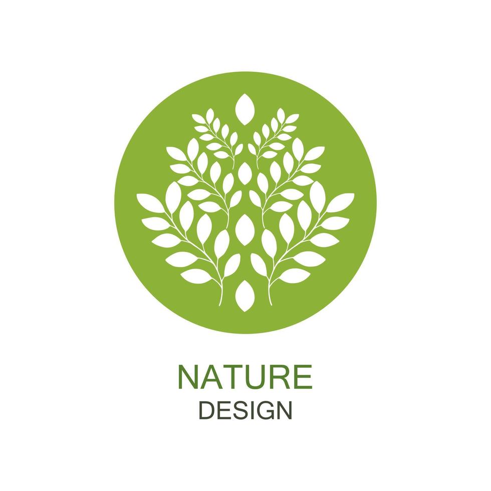 logotipo verde redondo com galhos de folha branca isolados no fundo branco. design vetorial moderno para produtos naturais, floricultura, cosméticos, ecologia, alimentação saudável e spa vetor