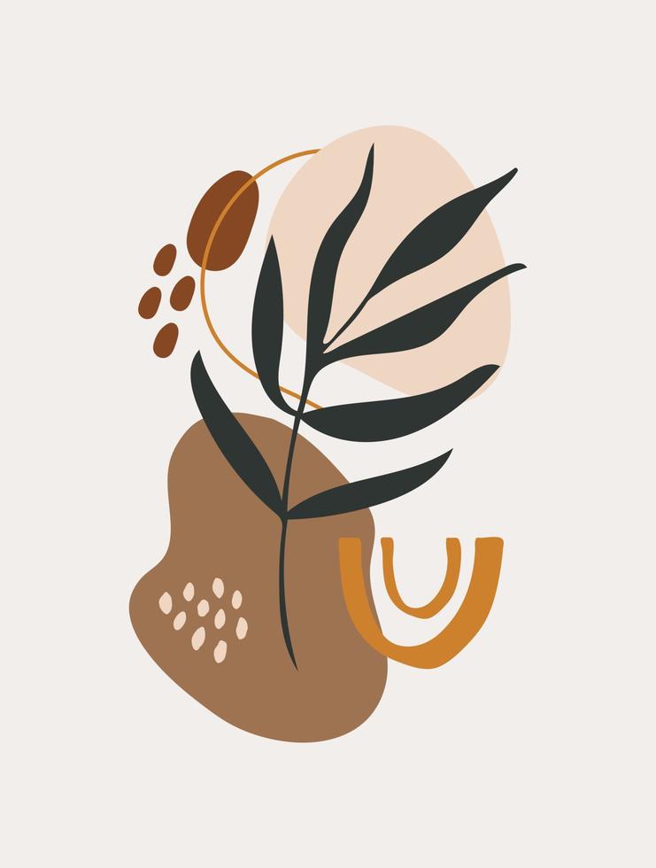 arte de parede tropical abstrata moderna com várias formas, objetos de plantas e doodle em fundo pastel. impressão vetorial minimalista desenhada à mão no estilo boho. design de meados do século vetor
