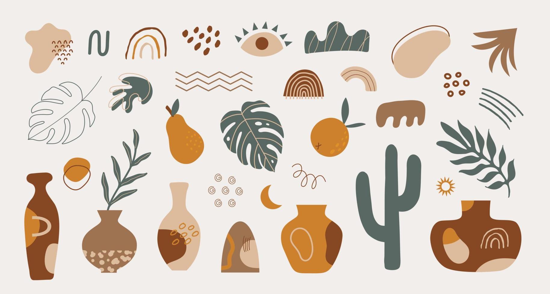 conjunto moderno de várias formas desenhadas à mão, elementos tropicais e objetos de doodle. design de vetor moderno contemporâneo abstrato em estilo boho