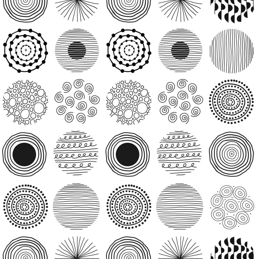 padrão abstrato moderno sem costura com formas redondas pretas de linhas, círculos, gotas sobre fundo branco. ilustração vetorial desenhada à mão vetor