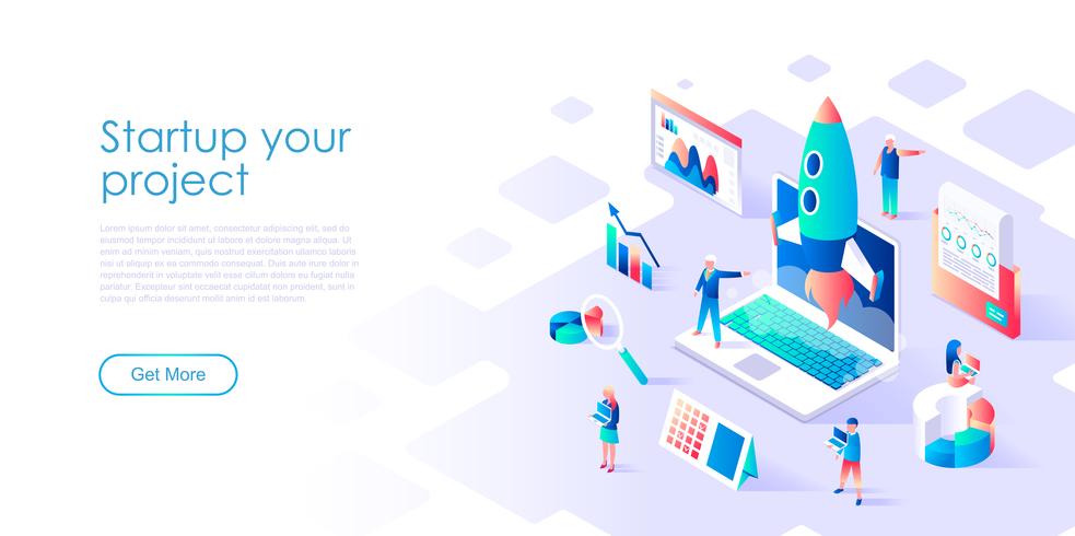 Isometric concept of Startup Seu projeto para banner e site vetor