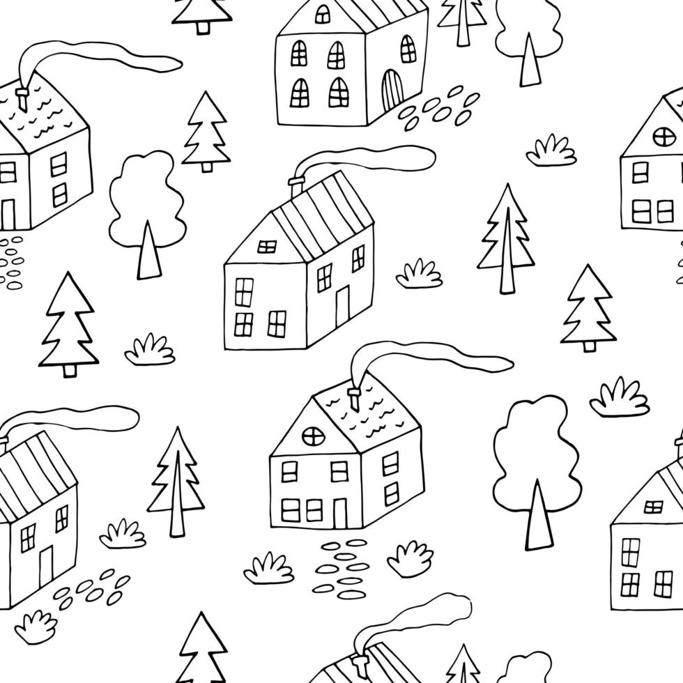 padrão sem emenda de casas e árvores. ilustração de rua da cidade desenhada à mão no estilo de arte de linha doodle vetor