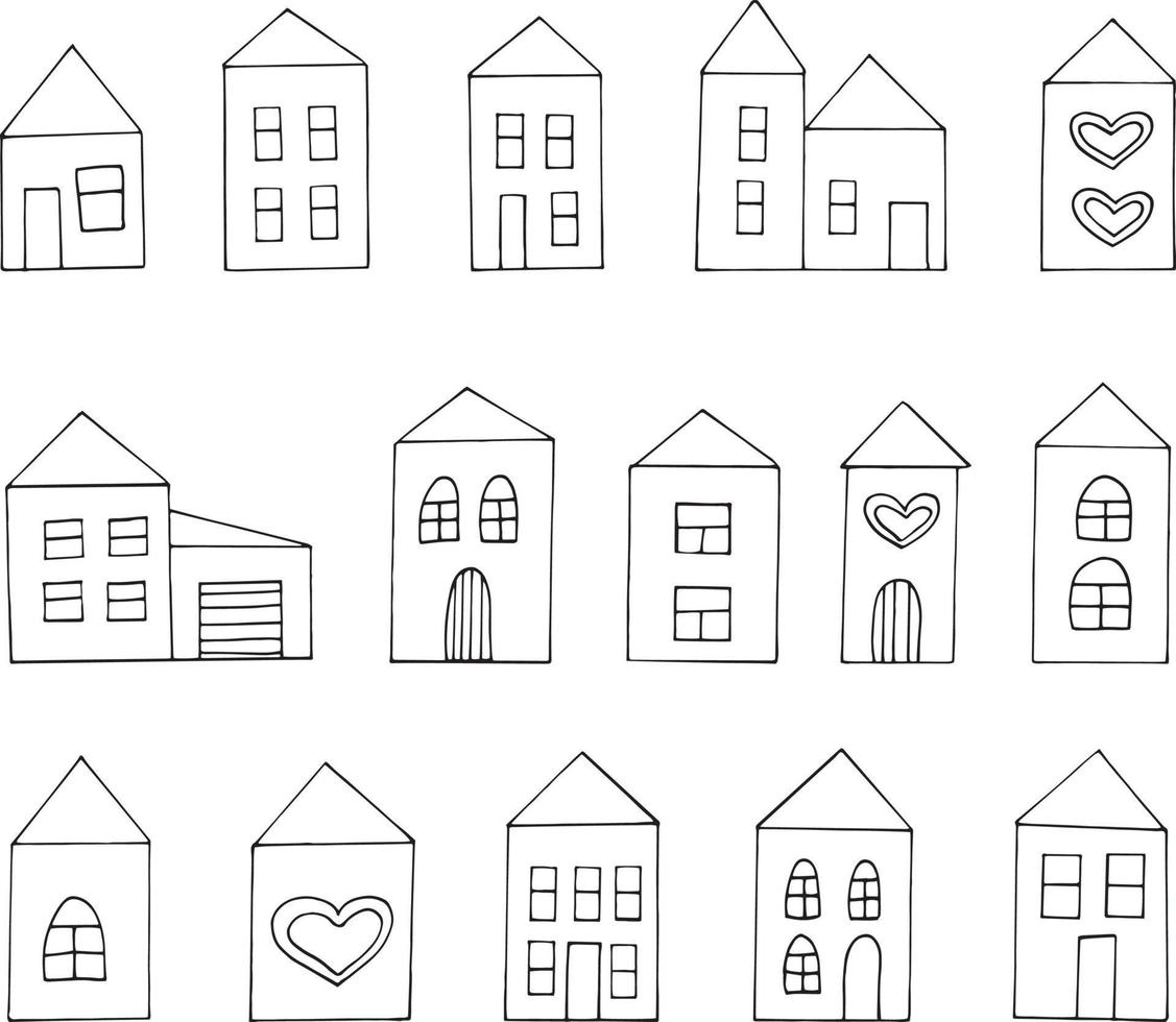 ícone de conjunto de decoração de estilo doodle casa. desenhados à mão, nórdicos, escandinavos. , minimalismo, monocromático. adesivo cartaz cartão construindo coração amor vetor