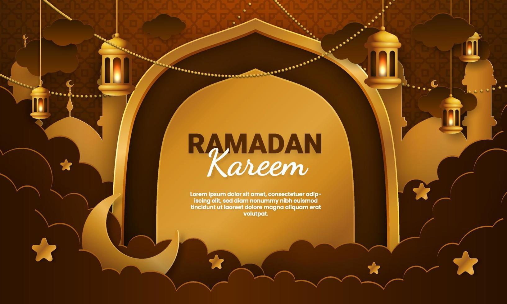 vetor de corte de papel ramadan kareem. banner ou pôster com ornamento de lanterna e nuvem, adequado para celebrar eventos do ramadã.