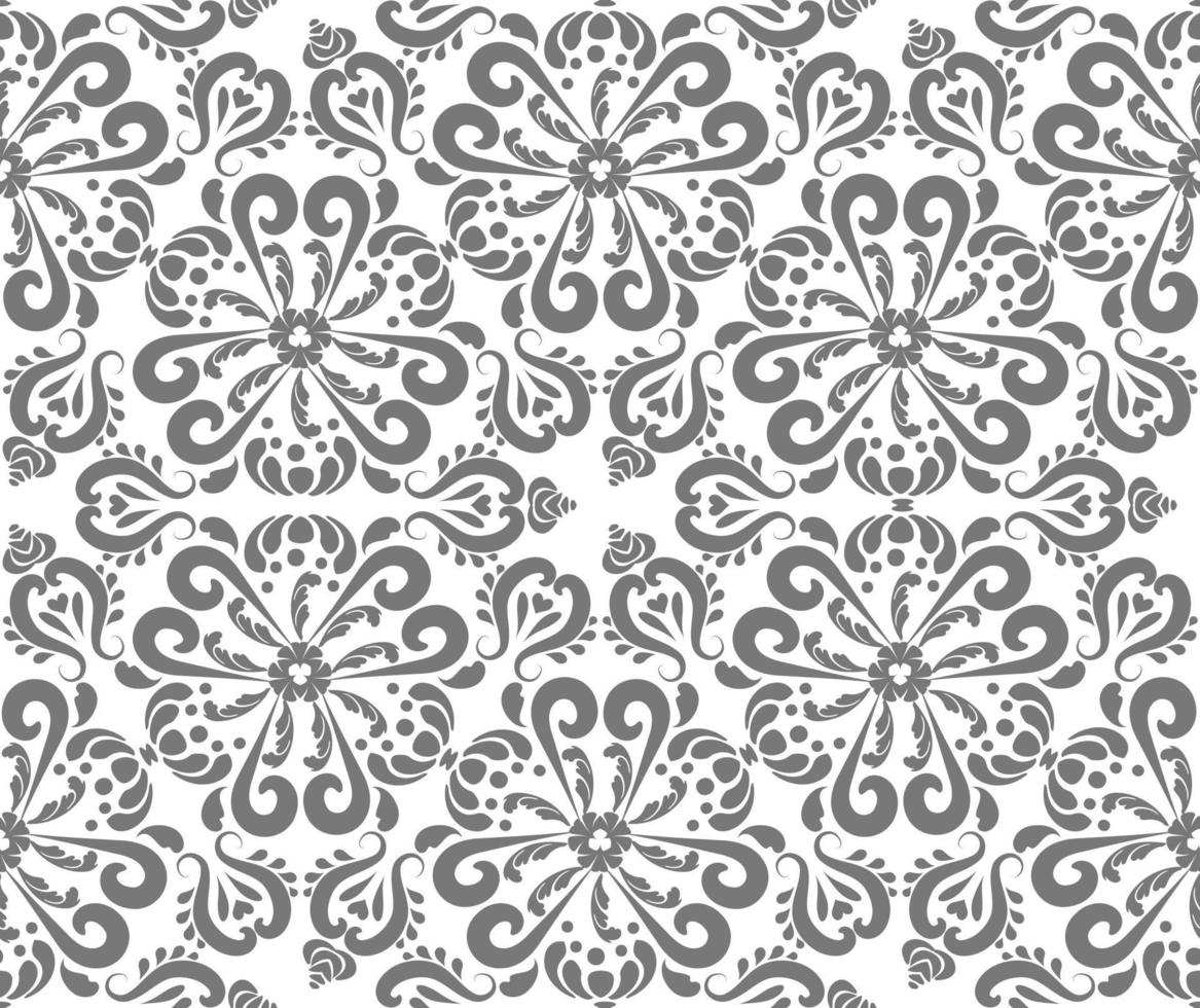 padrão sem emenda de ornamento oriental cinza. fundo rico padrão de damasco. cinza, cor branca. textura decorativa. padrões mehndi. para tecido, papel de parede, embalagem. vetor