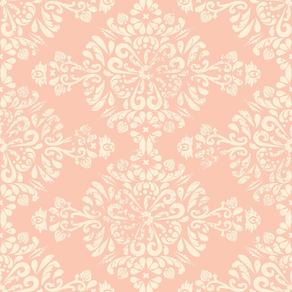 fundo gasto vintage sem costura. ornamento oriental do damasco com grunge e arranhões. rosa e bege. padrão vintage para papel de parede de tecido e embalagens. vetor