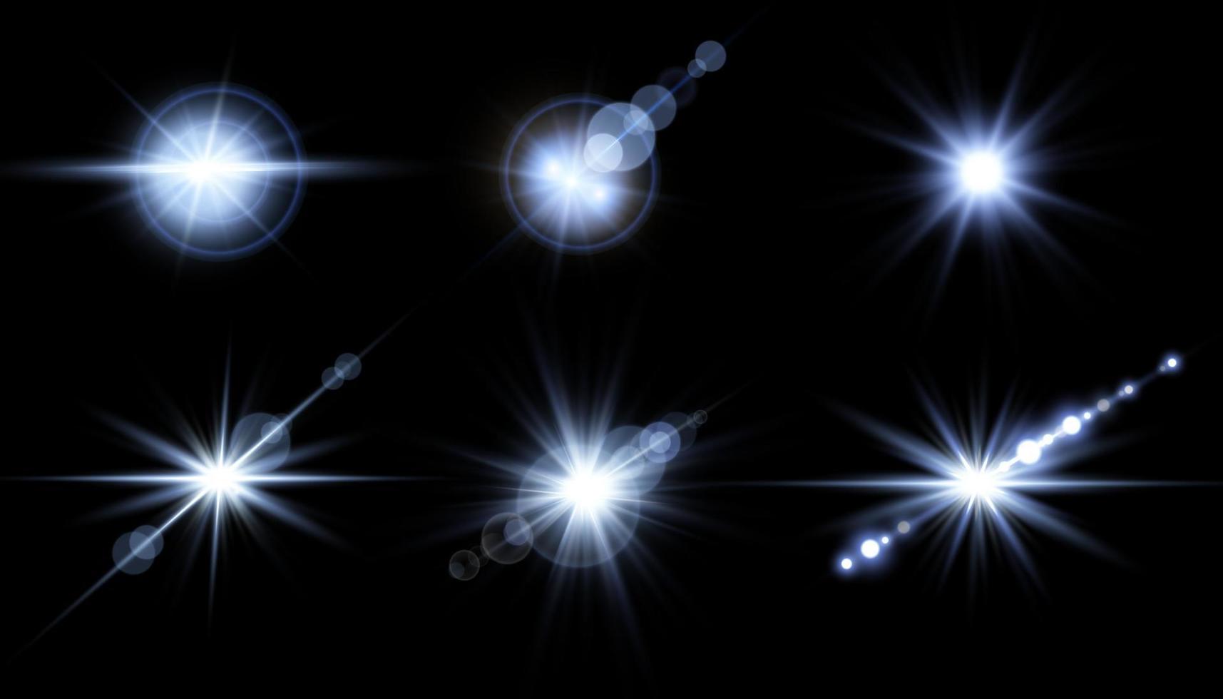 conjunto de flares de lente azul. isolado em fundo transparente. flash de sol com raios ou holofotes dourados e bokeh. efeito de luz de reflexo de brilho azul. ilustração vetorial. vetor