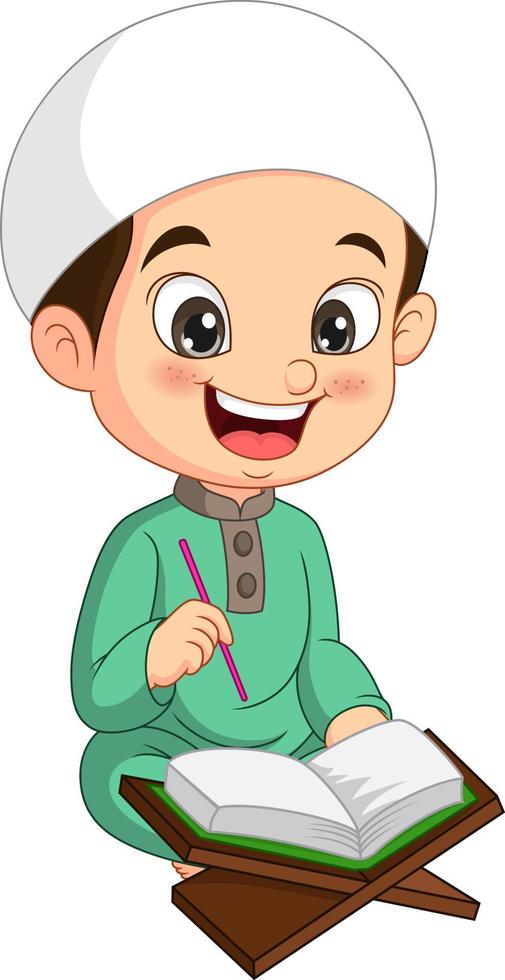 menino muçulmano dos desenhos animados lendo o Alcorão vetor