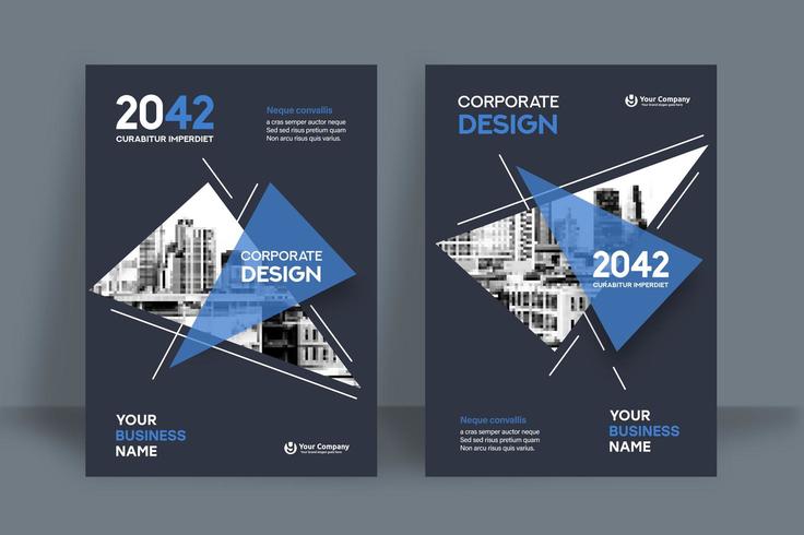 Modelo de Design de capa de livro de negócios de fundo cidade azul e branco Triangular vetor