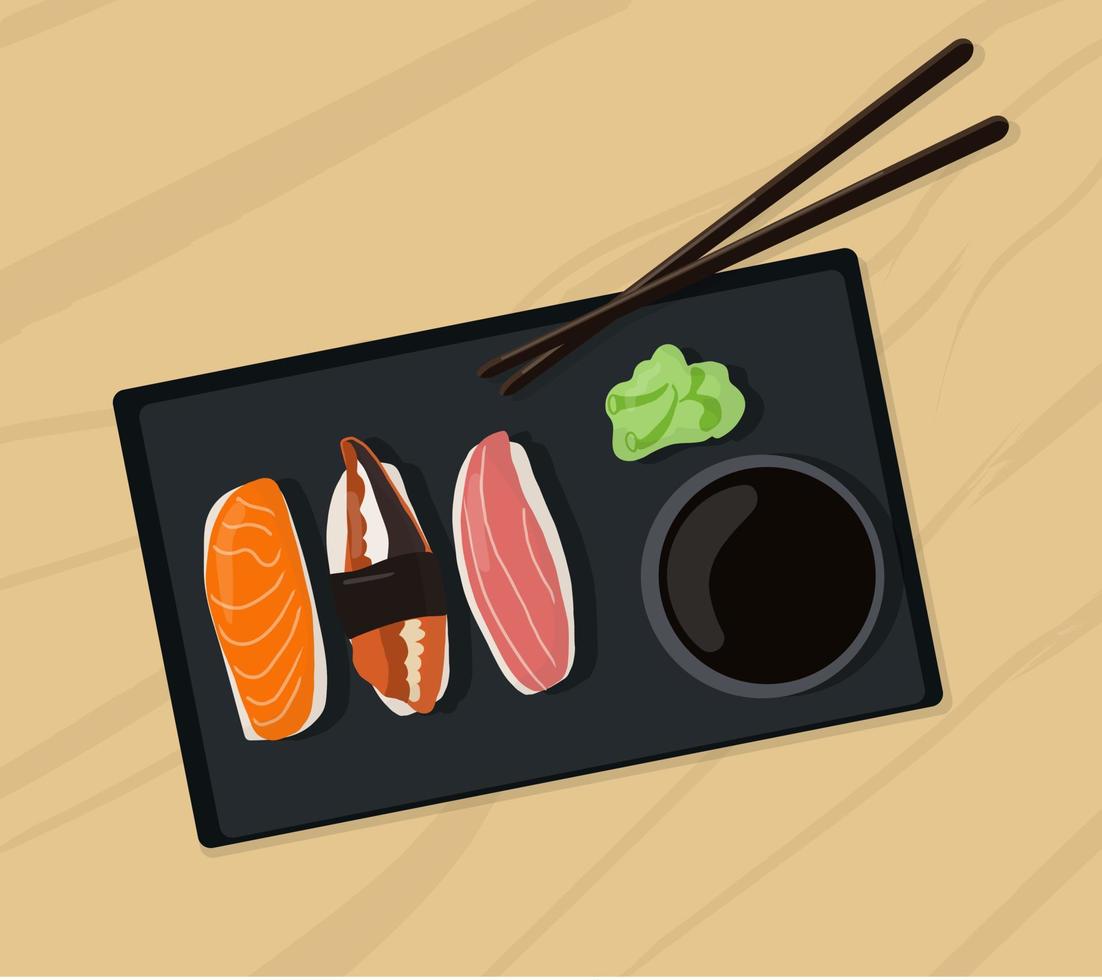 conjunto de pratos tradicionais japoneses de pãezinhos e sushi com frutos do mar. em um prato preto e mesa de madeira vetor