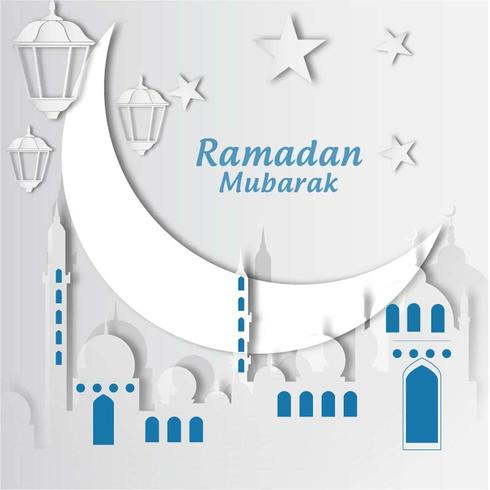 Papel de Ramadan Mubarak cortado com a lua e a mesquita vetor