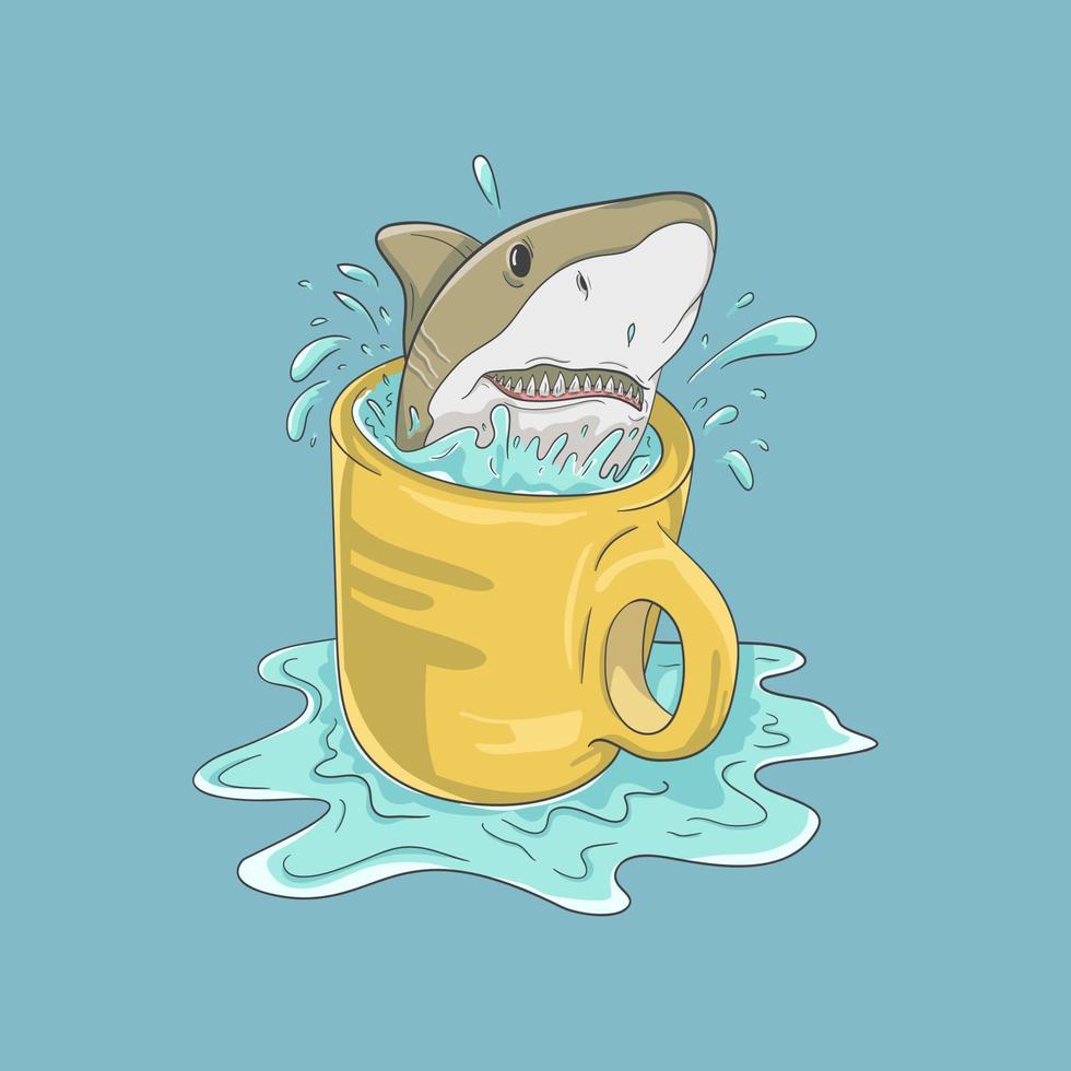 ilustração de tubarão em um copo amarelo. fundo azul vetor