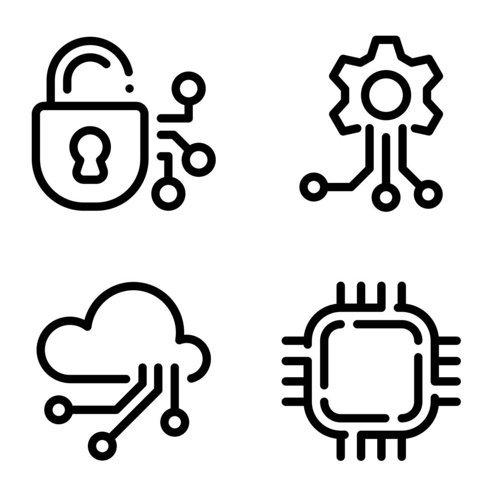 conjunto de ícones pretos isolados no fundo branco, no tema tecnologias de segurança inteligente vetor