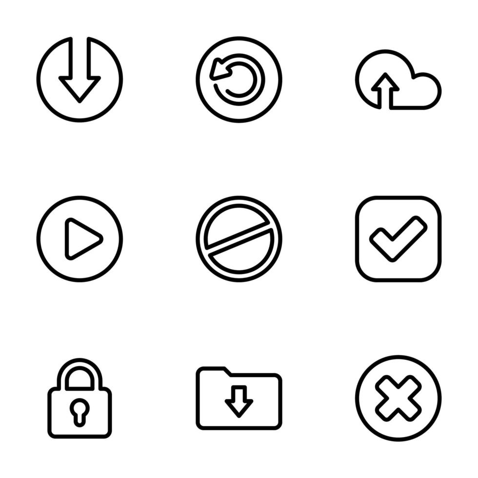 conjunto de ícones pretos isolados no fundo branco, na interface do aplicativo de tema vetor