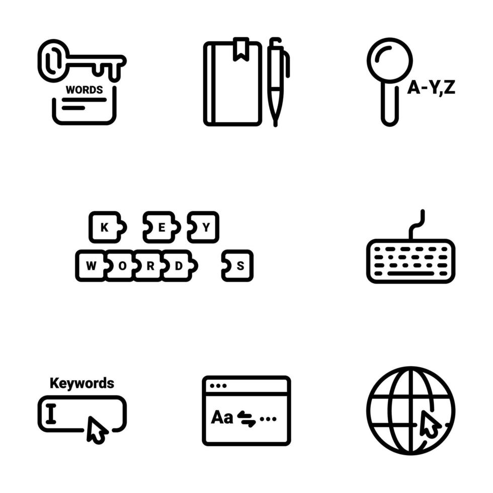 conjunto de ícones vetoriais pretos, isolados no fundo branco, em palavras-chave de seleção de tema vetor