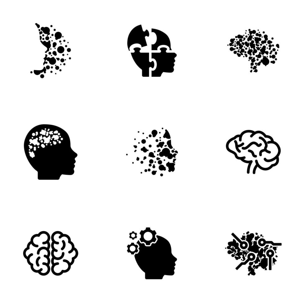 conjunto de ícones pretos isolados no fundo branco, no cérebro do tema vetor