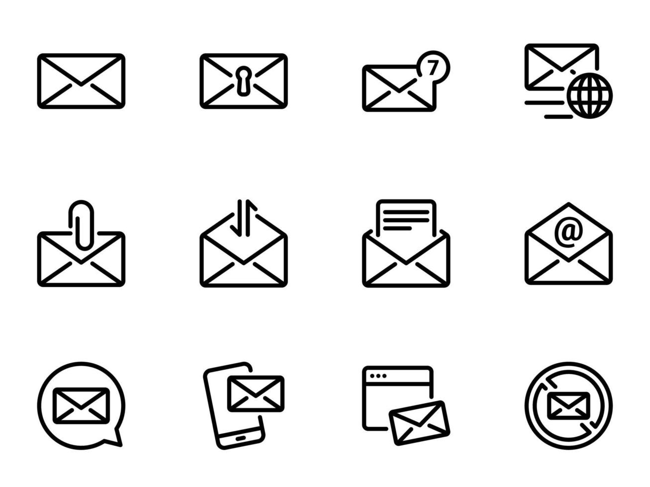 conjunto de ícones do vetor preto, isolados contra um fundo branco. ilustração em um e-mail de tema