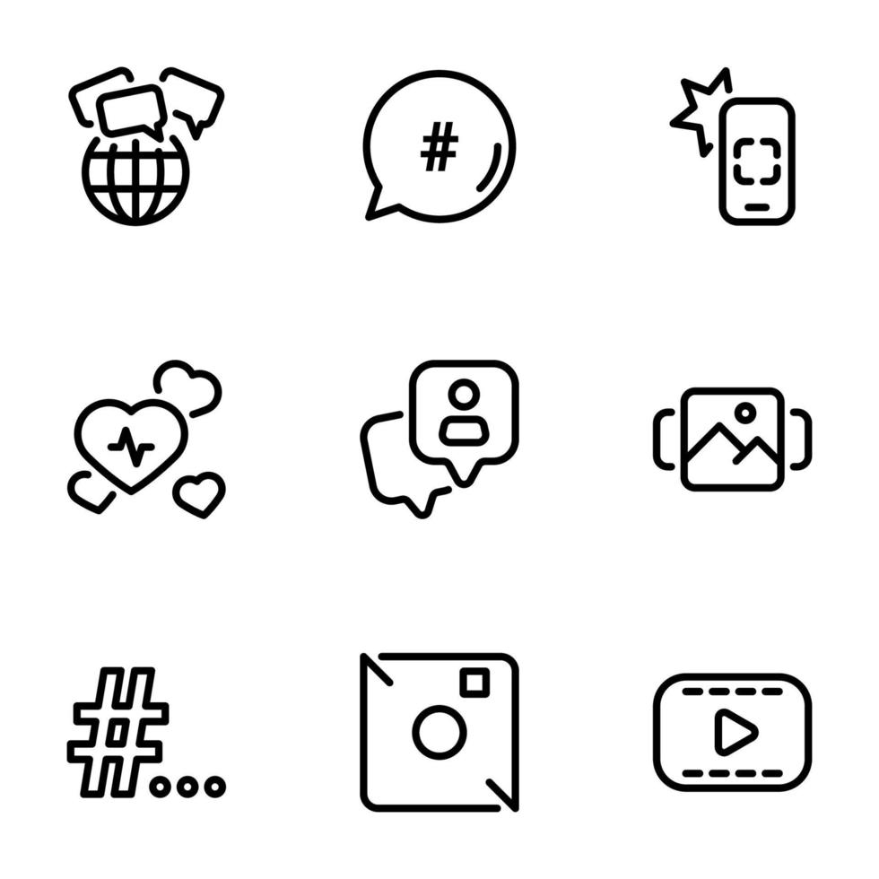 conjunto de ícones vetoriais pretos, isolados no fundo branco, no tema comunicação de internet moderna entre usuários vetor