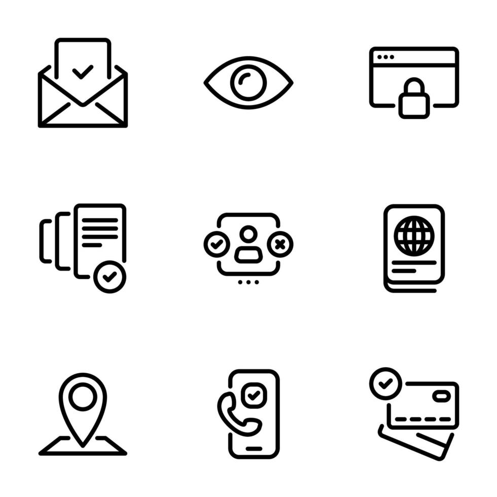 conjunto de ícones vetoriais pretos, isolados no fundo branco, na verificação do tema vetor