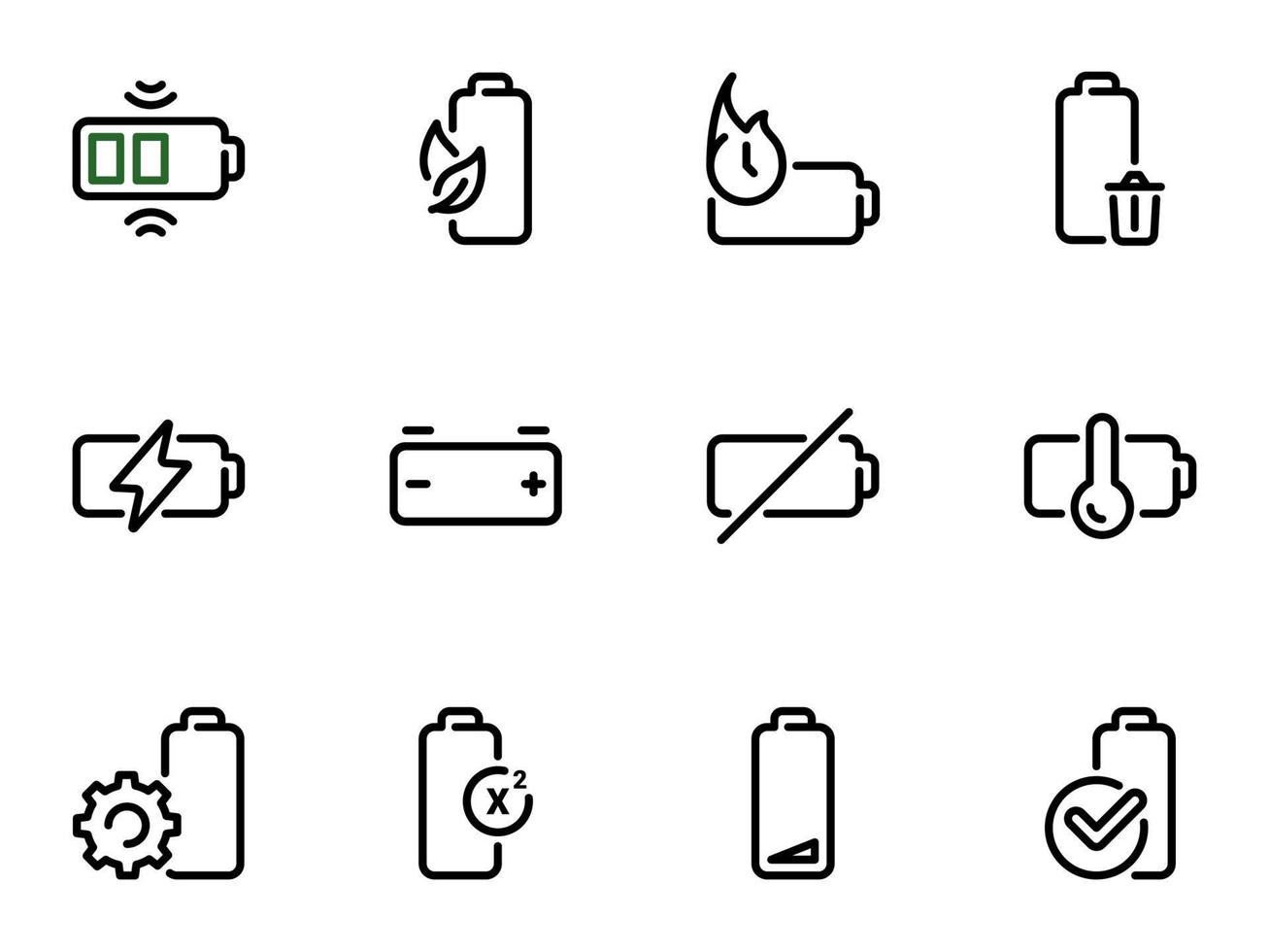 conjunto de ícones vetoriais pretos, isolados no fundo branco, no tema carregando e usando a bateria vetor