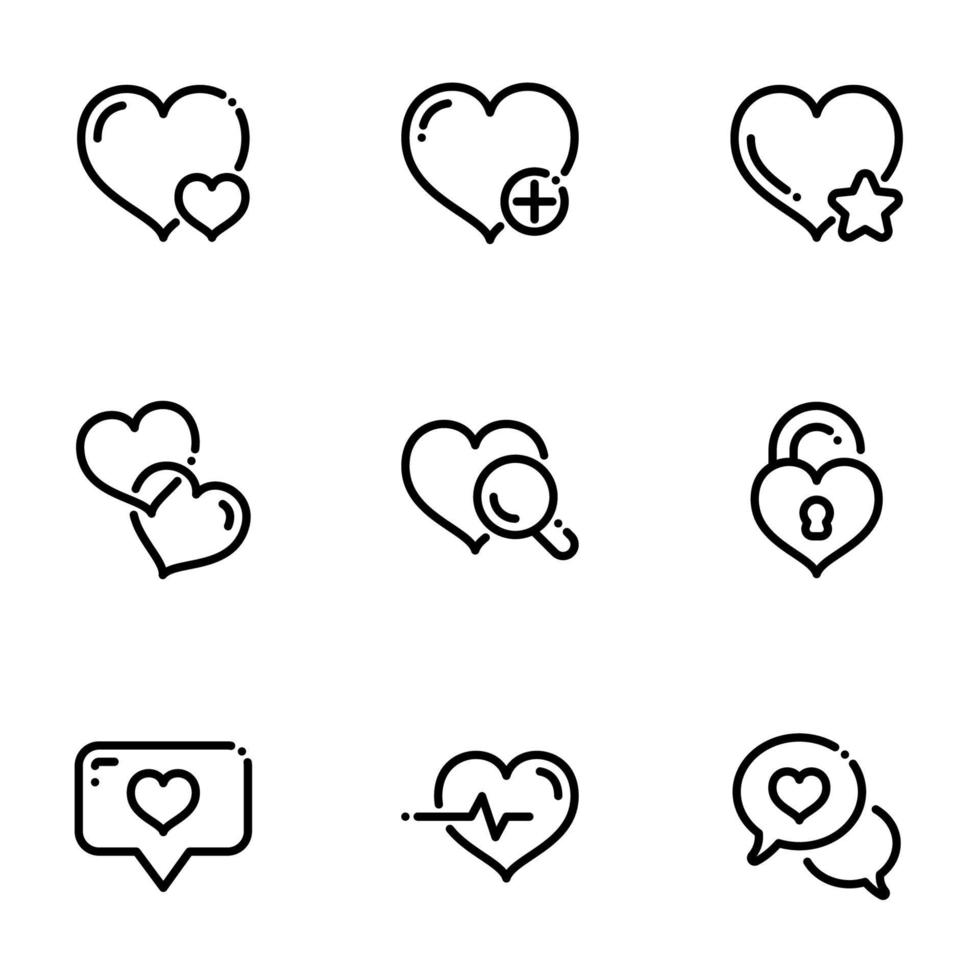 conjunto de ícones pretos isolados no fundo branco, em corações de tema vetor