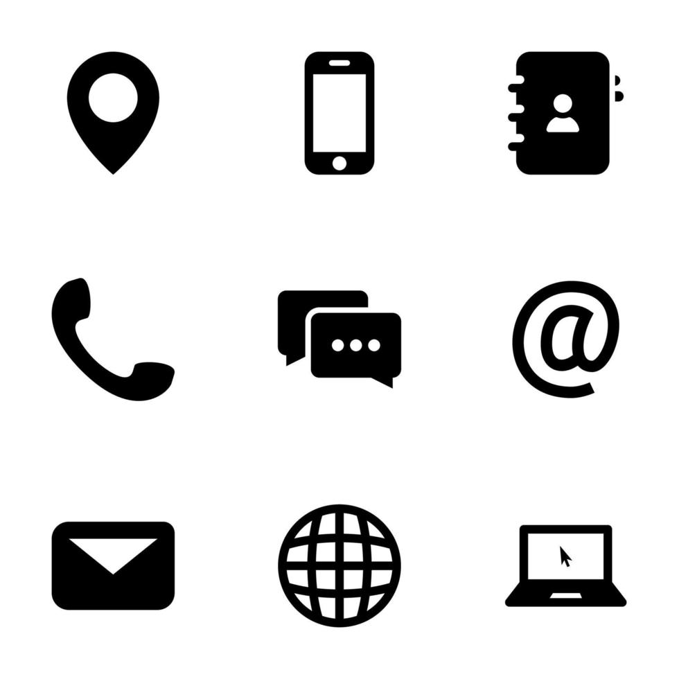 conjunto de ícones pretos isolados no fundo branco, nos contatos do tema e comunicação vetor