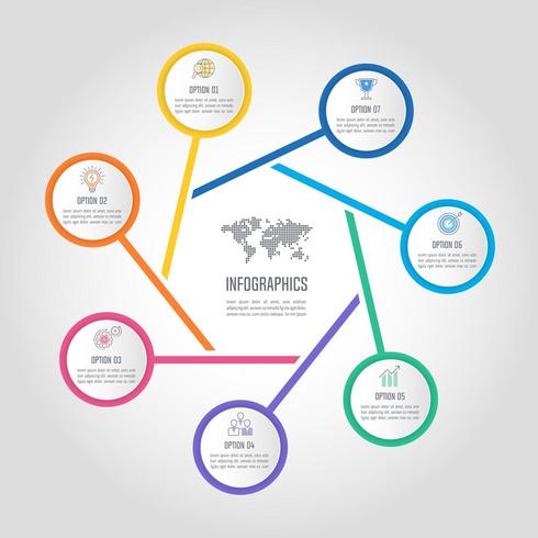 conceito de negócio de design infográfico com 7 opções, partes ou processos. vetor