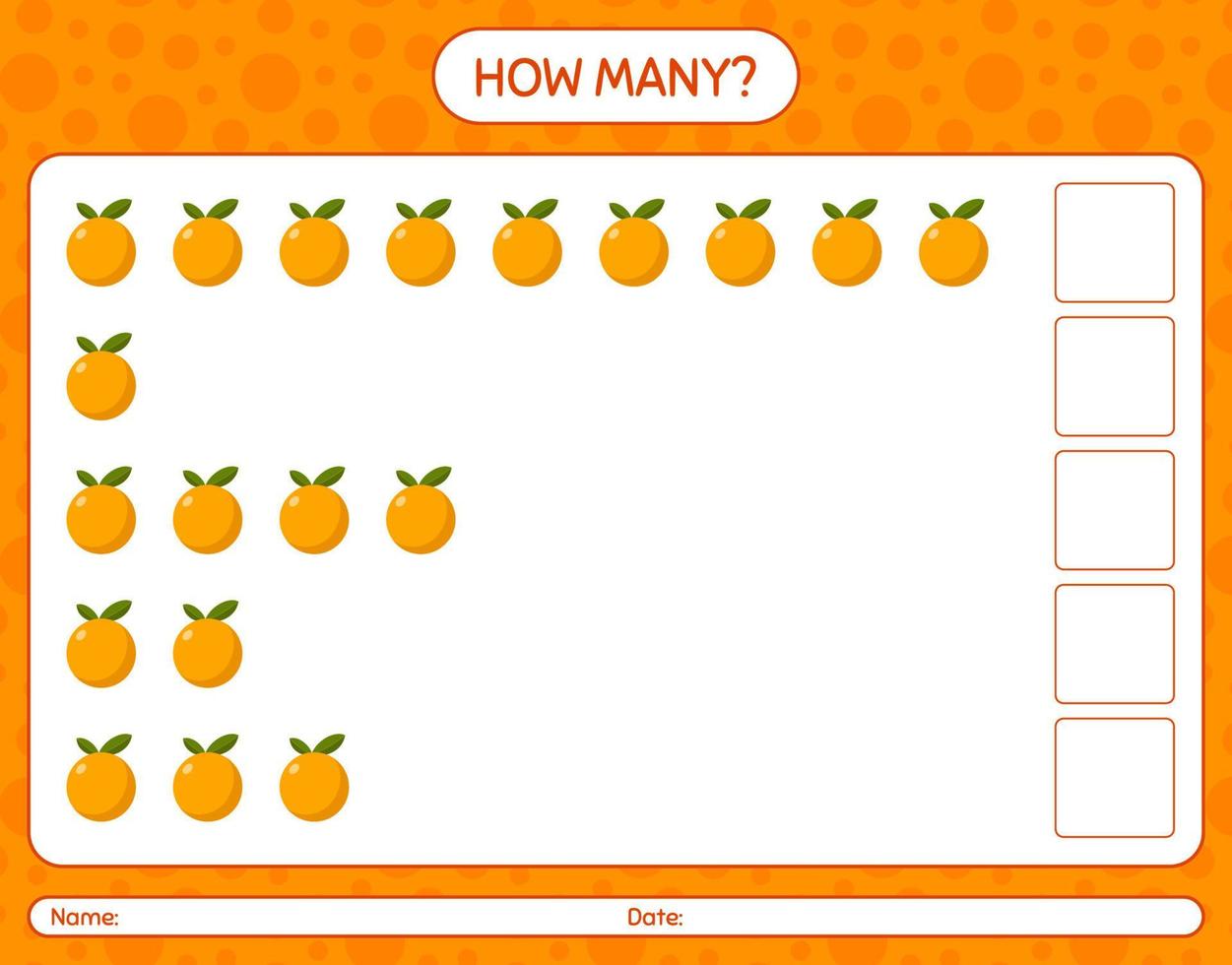 quantos jogo de contagem com planilha laranja para crianças pré-escolares, folha de atividades para crianças, planilha para impressão vetor
