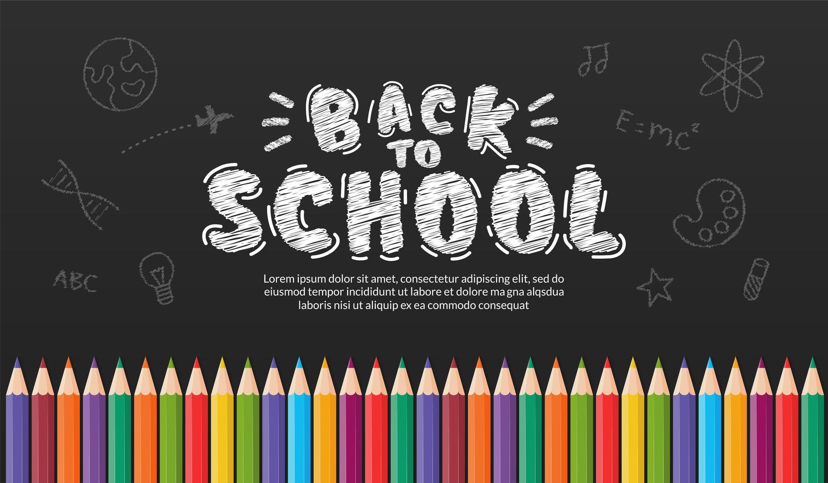 bem-vindo de volta ao fundo da escola com lápis de cor, conceito de banner de educação com design de letras de volta à escola vetor