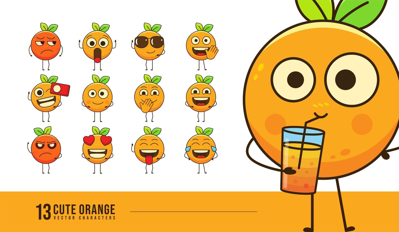 personagens de laranja fofos definidos para loja e entrega de suco de frutas, expressão facial de emoticons de laranja para postagem social e reação, design de vetor de desenhos animados de frutas frescas