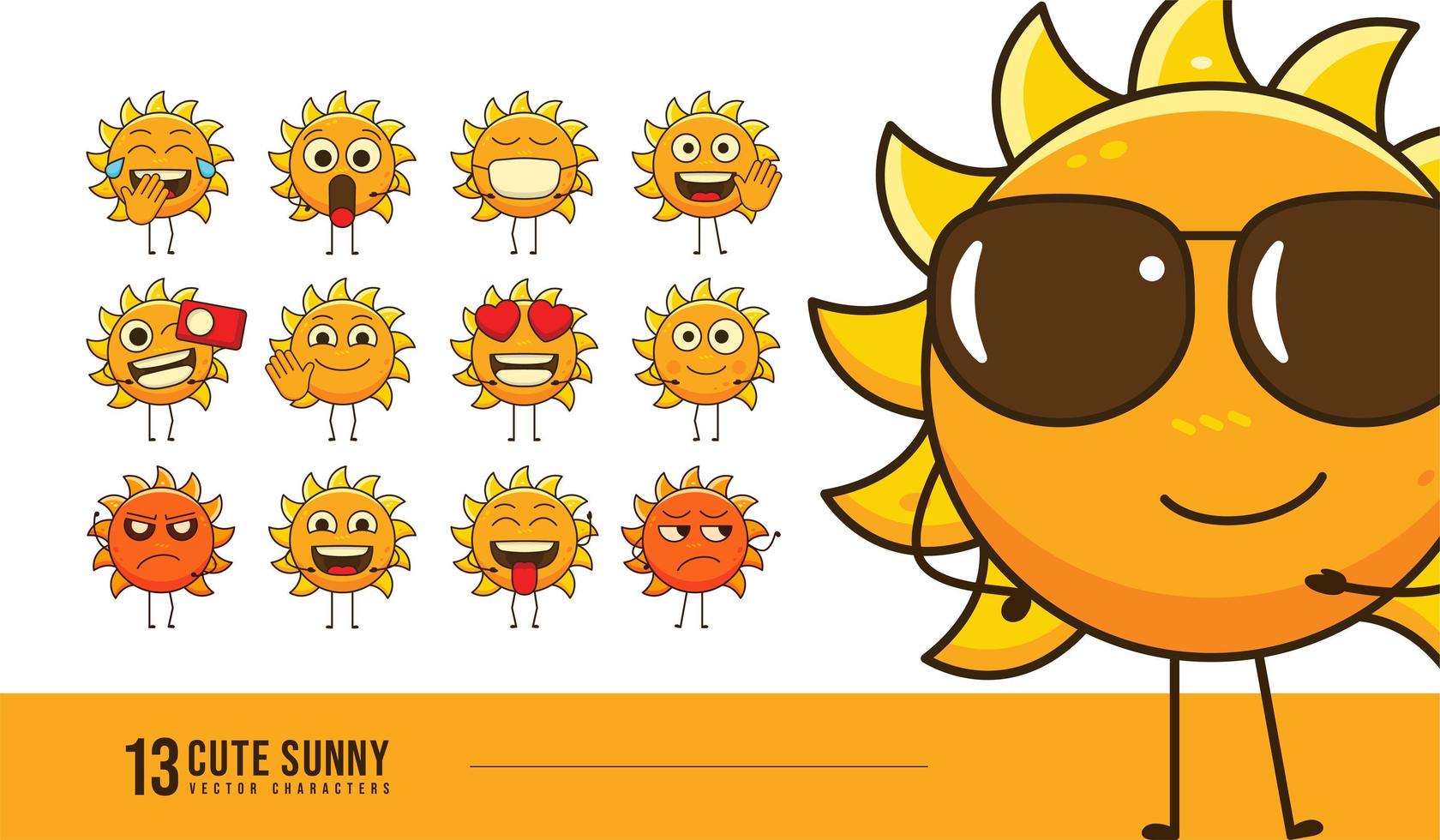 conjunto de vetores de personagens de sol fofos, expressão facial de emoticons de sol para postagem social e reação, ilustração de desenhos animados de sol em poses diferentes
