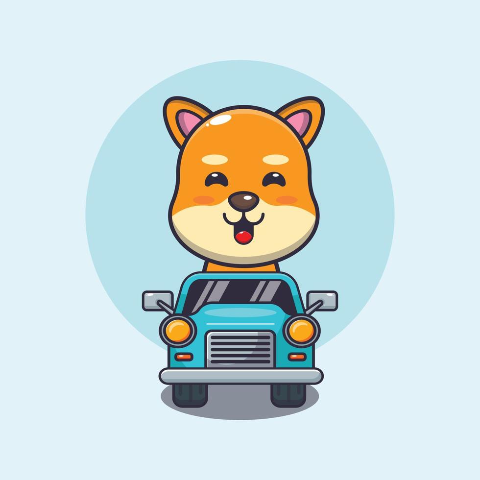 bonito shiba inu cão mascote personagem de desenho animado passeio de carro vetor