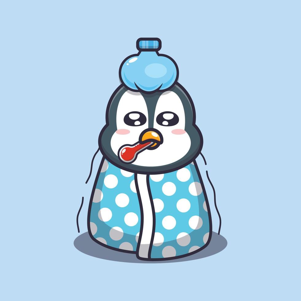 ilustração em vetor de desenho animado doente de pinguim fofo