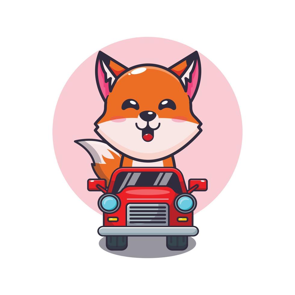 passeio de personagem de desenho animado de mascote de raposa fofa no carro vetor