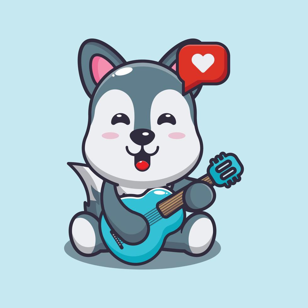 lobo fofo tocando guitarra ilustração vetorial de desenho animado vetor