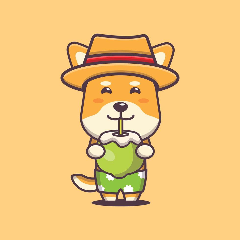 fofo shiba inu cão personagem de mascote de desenho animado beber coco fresco vetor