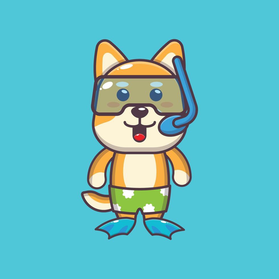 ilustração de personagem de mascote de desenho animado de mergulho de cachorro shiba inu fofo vetor