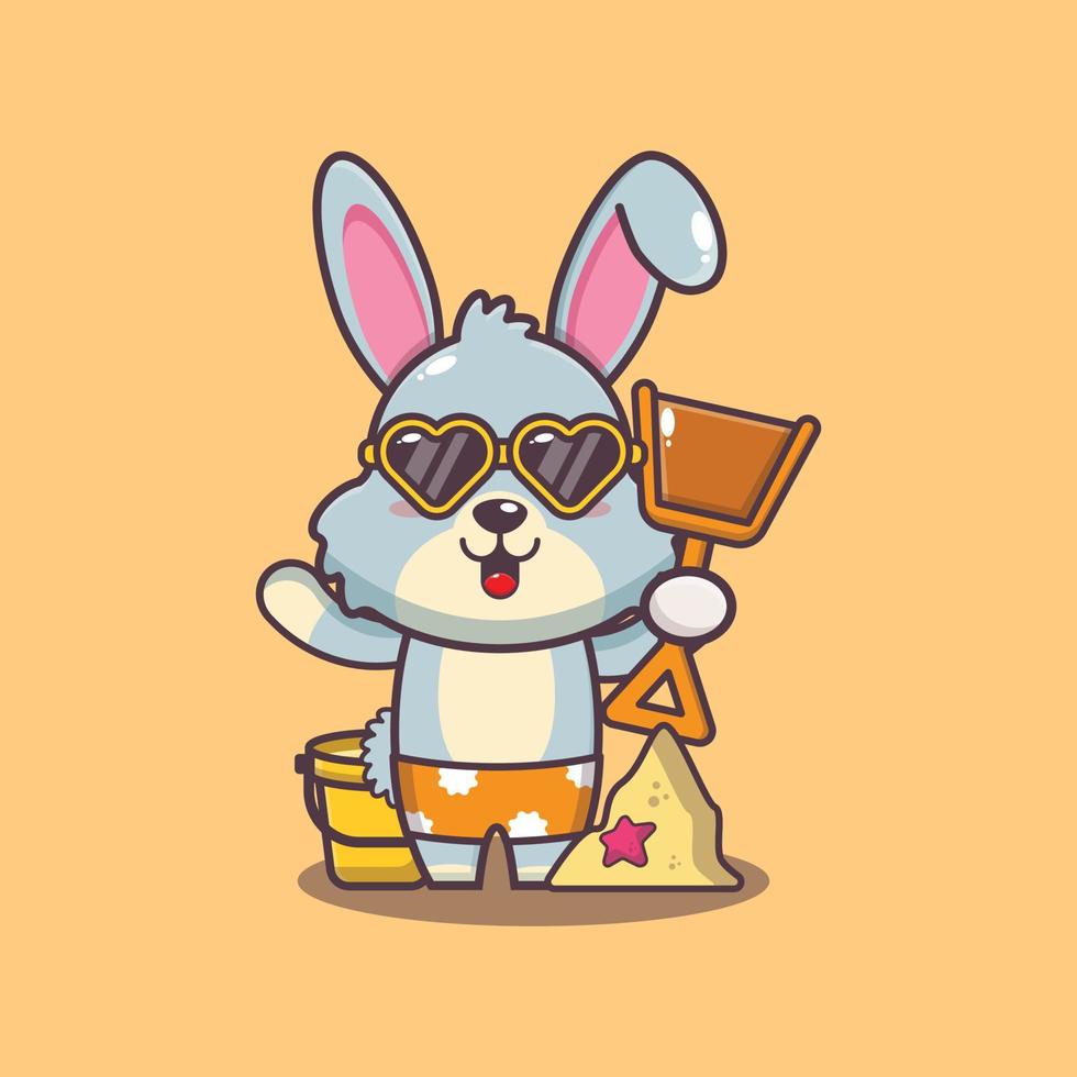 personagem de mascote de desenho animado coelho fofo em óculos de sol joga praia de areia vetor