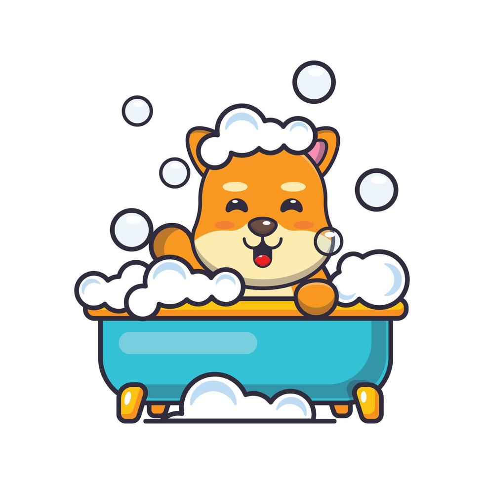 lindo cachorro shiba inu tomando banho de espuma na ilustração vetorial de desenho animado de banheira vetor