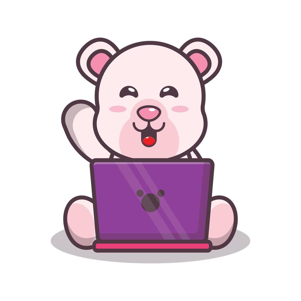 fofo urso polar com ilustração vetorial de desenho de laptop vetor