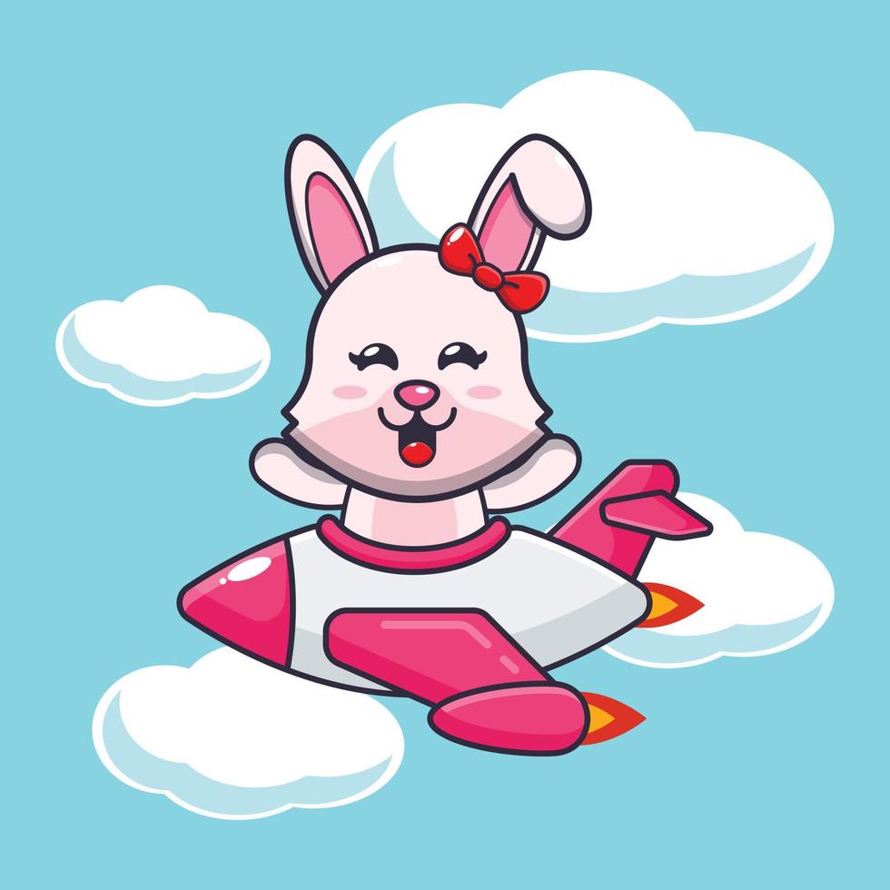 passeio de personagem de desenho animado de mascote de coelhinho fofo no jato de avião vetor