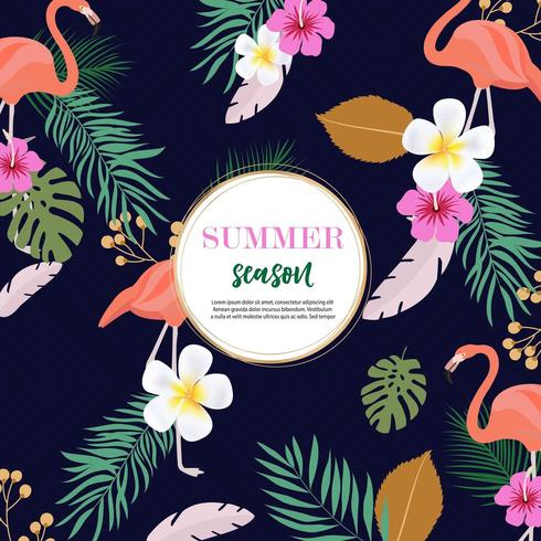 projeto de plano de fundo de verão com flamingos cor de rosa e folhagem colorida vetor