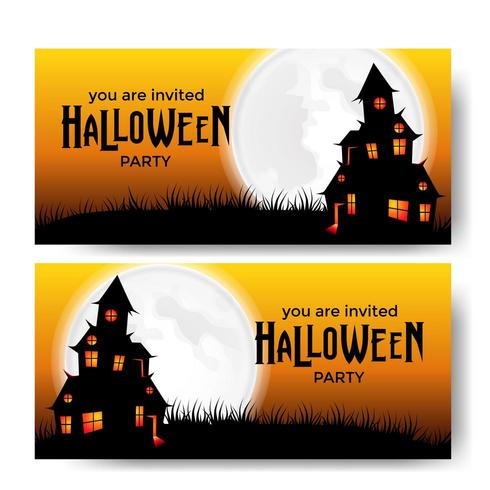 Modelo de banner de festa de Halloween com castelo assustador com luar vetor