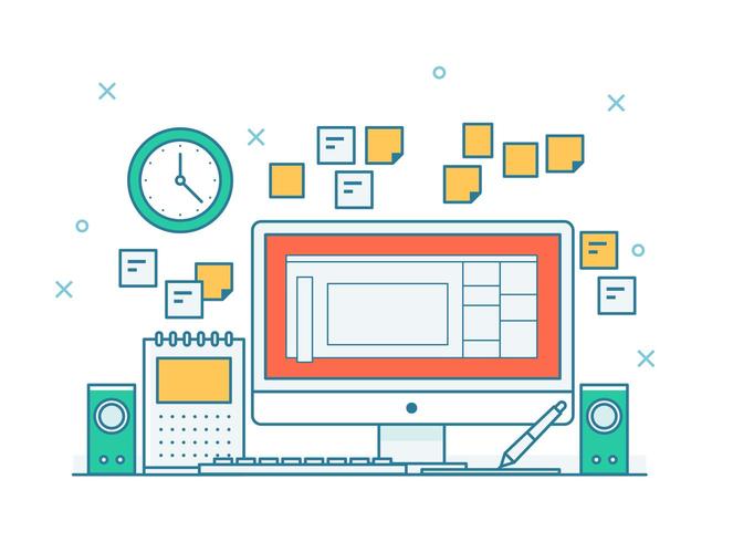 Configuração de mesa com computador no estilo de estrutura de tópicos vetor