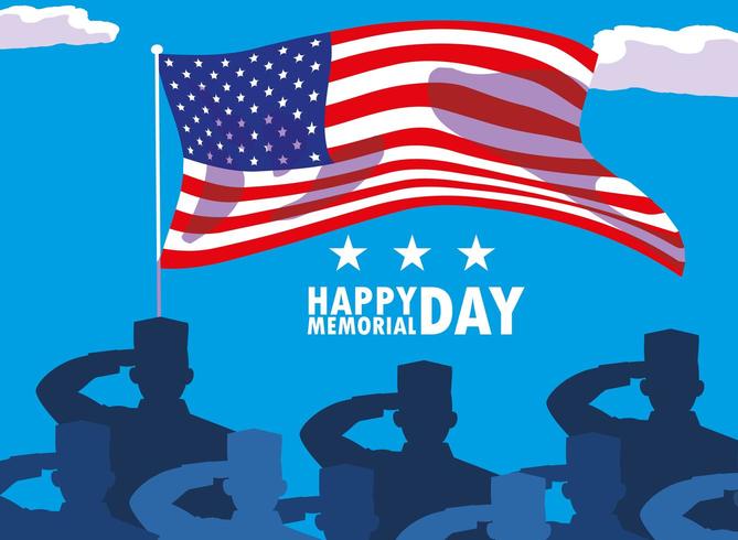 feliz dia do memorial cartão com bandeira EUA e silhueta dos militares vetor
